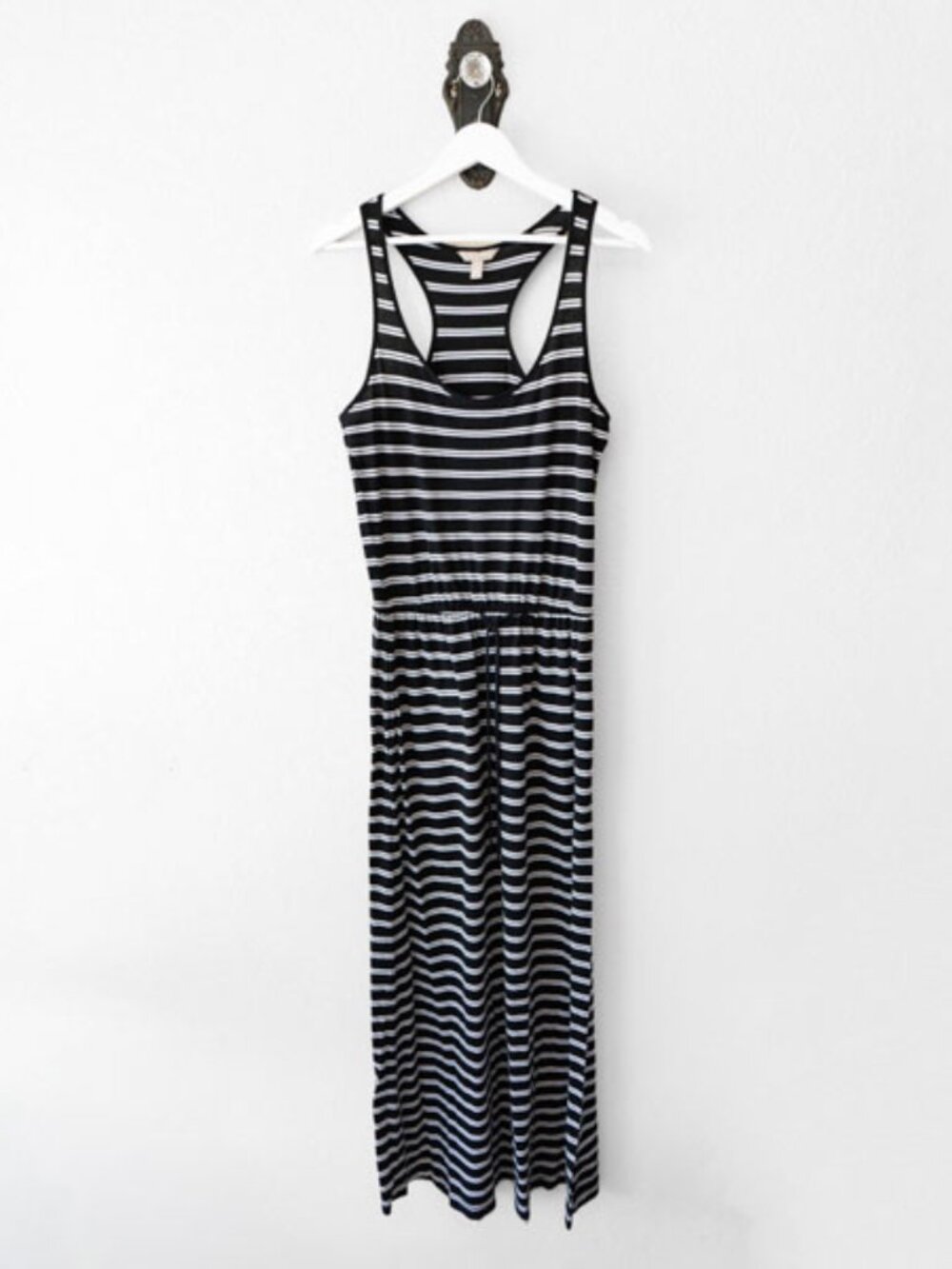 Banana Republic Maxi Dress Womens S Black White Stripe Racerback Drawstring Wais